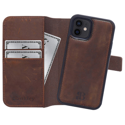 2-in-1 Lederhülle für iPhone 12 Mini Book-Style mit Magnet-Case | Braun