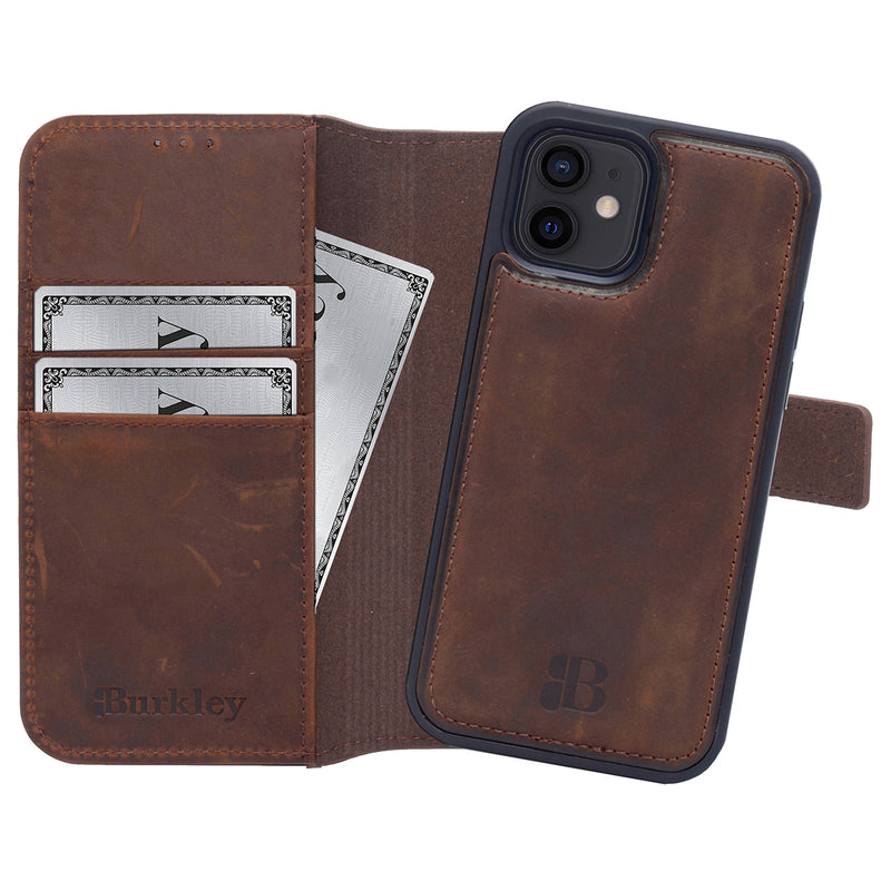 2-in-1 Lederhülle für iPhone 12 Mini Book-Style mit Magnet-Case | Braun
