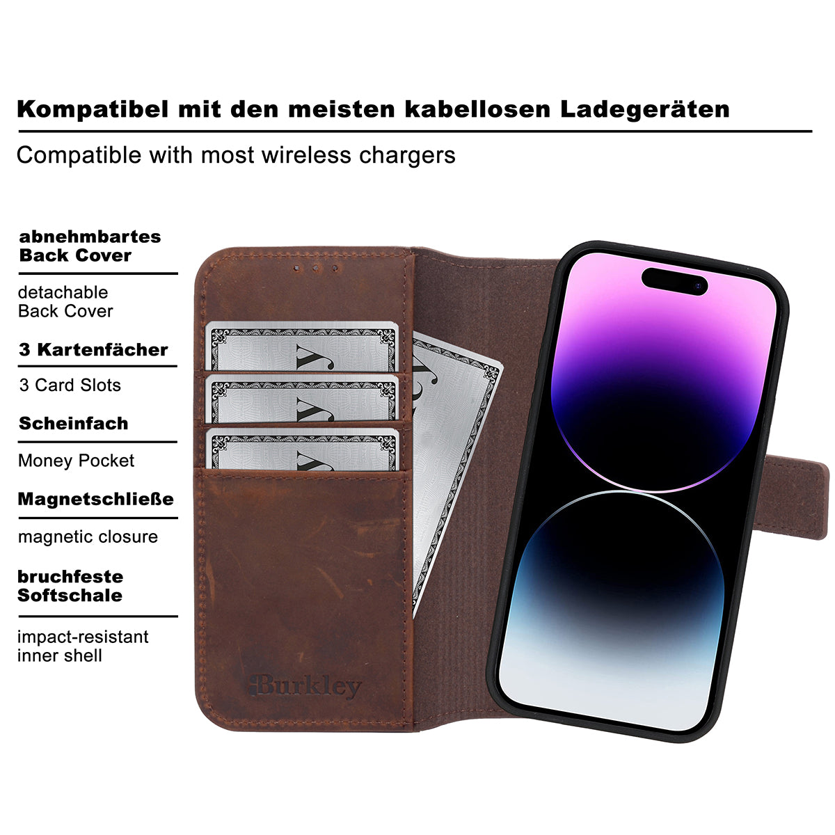 2-in-1 Lederhülle für iPhone 14 Pro Max Book-Style mit Magnet-Case | Braun
