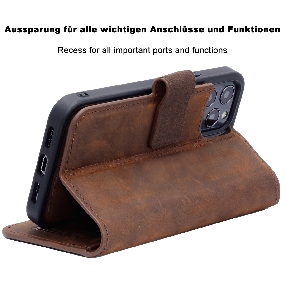 2-in-1 Lederhülle für iPhone 14 Pro Max Book-Style mit Magnet-Case | Braun
