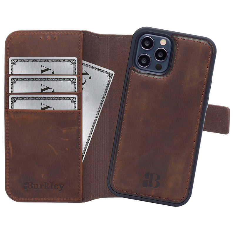 2-in-1 Lederhülle für iPhone 14 Pro Book-Style mit Magnet-Case | Braun