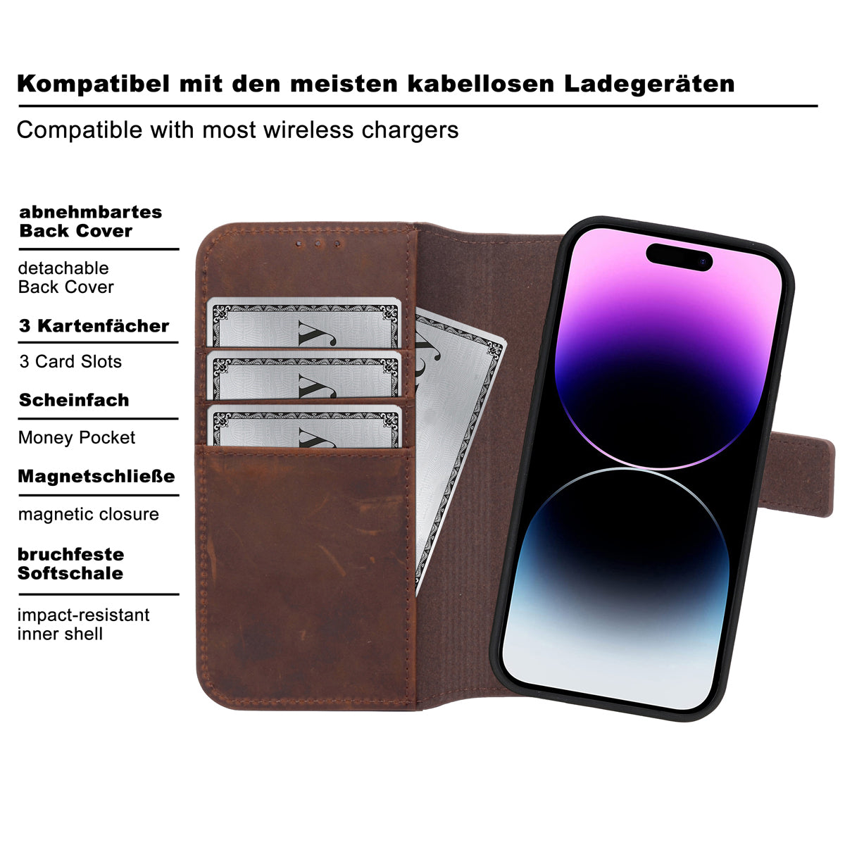 2-in-1 Lederhülle für iPhone 16 Pro Book-Style mit Magnet-Case | Braun