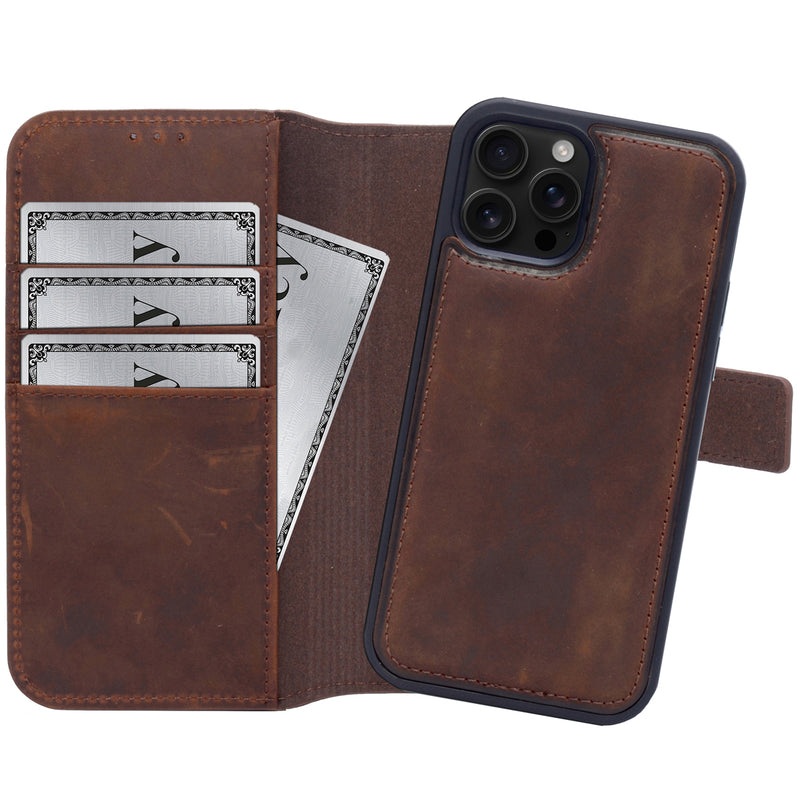 2-in-1 Lederhülle für iPhone 16 Pro Book-Style mit Magnet-Case | Braun