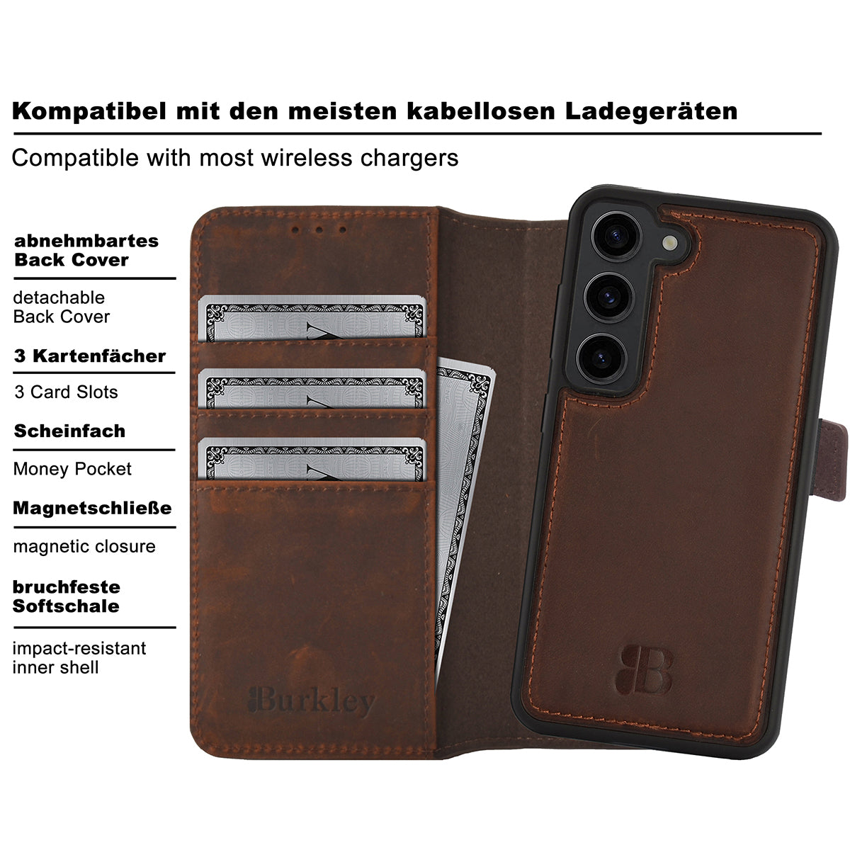 2-in-1 Lederhülle für Galaxy S23 – Book-Case mit Kartenfach | Braun