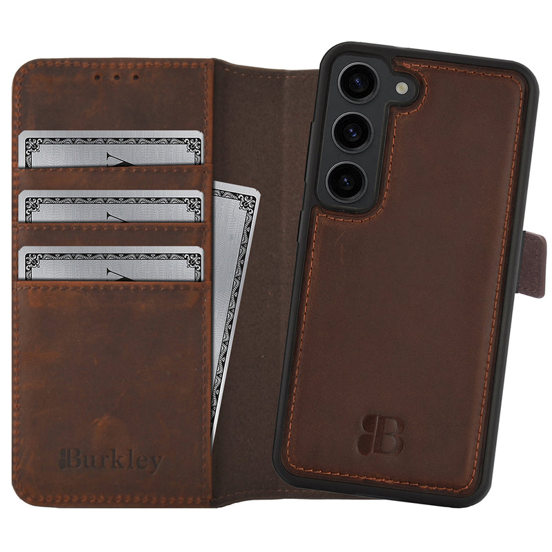 2-in-1 Lederhülle für Galaxy S23 FE – Book-Case mit Kartenfach | Braun