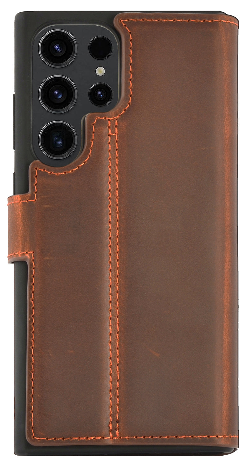 2-in-1 Lederhülle für Galaxy S24 Ultra – Book-Case mit Kartenfach | Braun