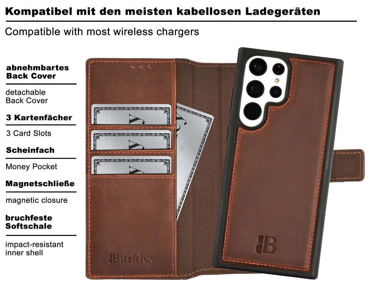 2-in-1 Lederhülle für Galaxy S24 Ultra – Book-Case mit Kartenfach | Braun