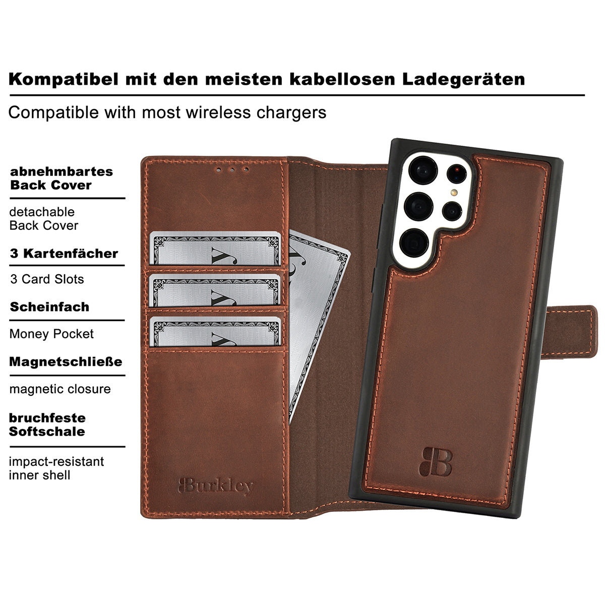 2-in-1 Lederhülle für Galaxy S23 Ultra – Book-Case mit Kartenfach | Braun