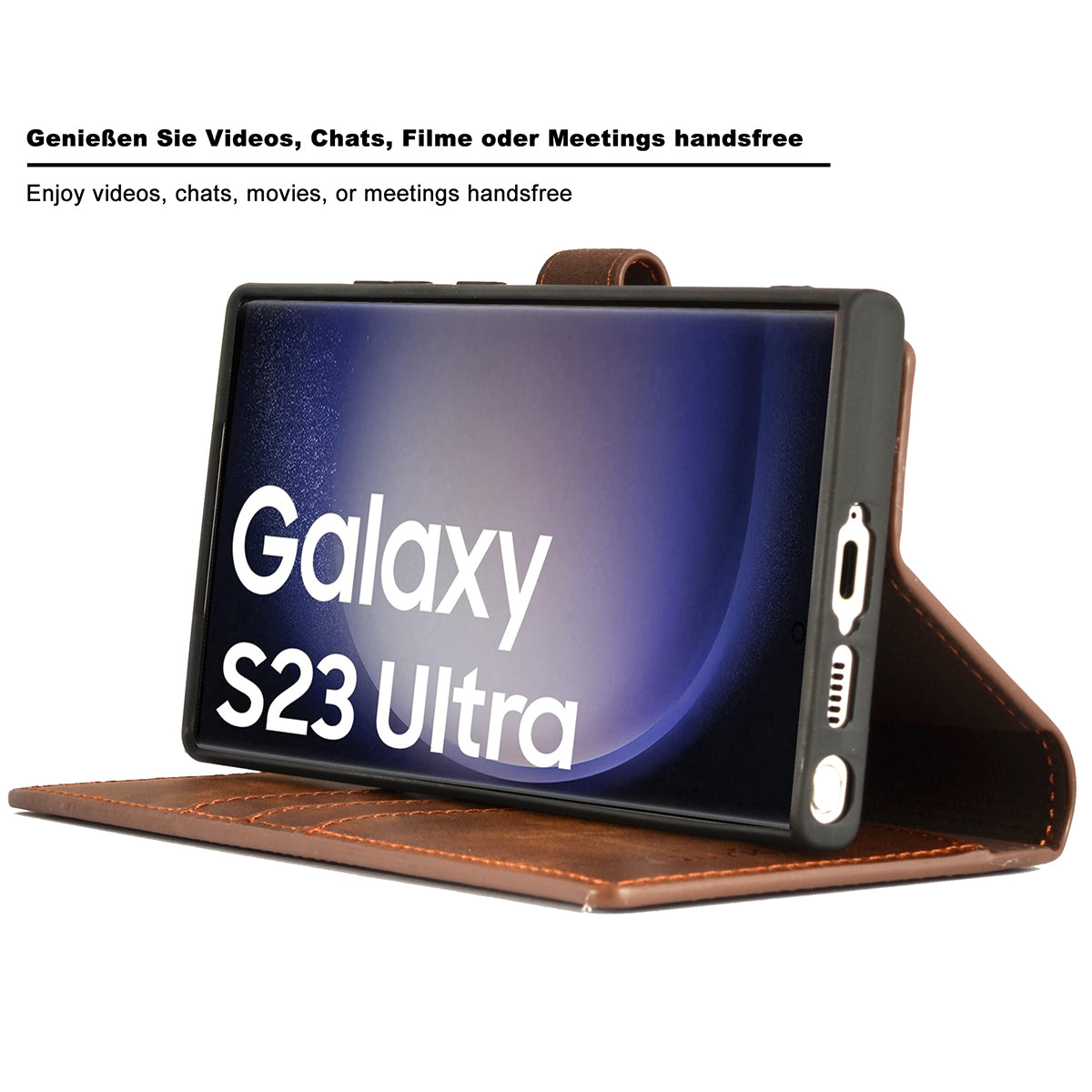 2-in-1 Lederhülle für Galaxy S23 Ultra – Book-Case mit Kartenfach | Braun