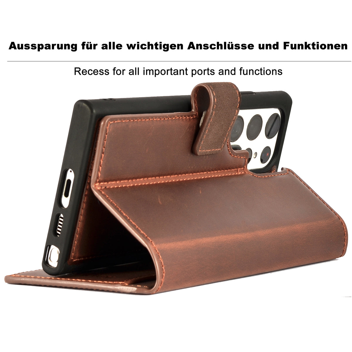 2-in-1 Lederhülle für Galaxy S23 Ultra – Book-Case mit Kartenfach | Braun