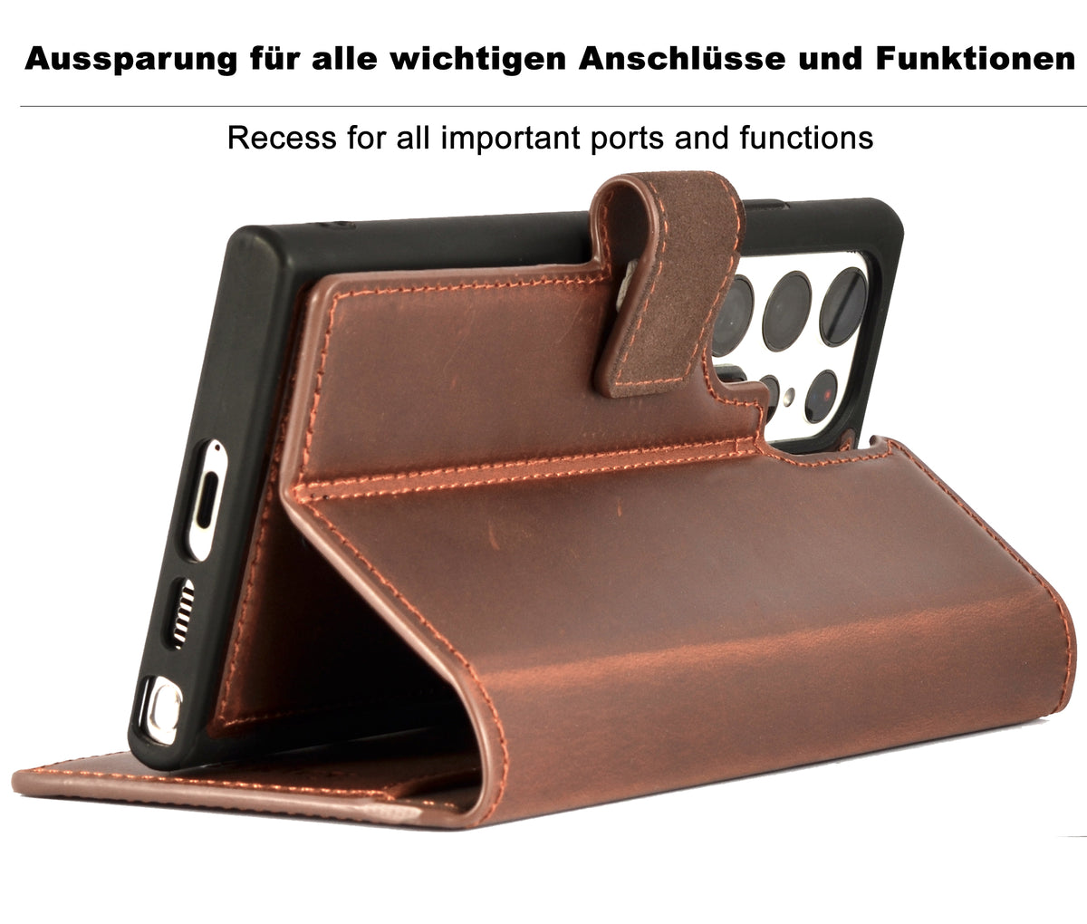 2-in-1 Lederhülle für Galaxy S24 Ultra – Book-Case mit Kartenfach | Braun
