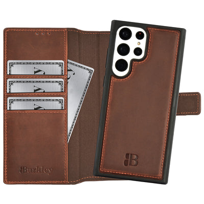 2-in-1 Lederhülle für Galaxy S23 Ultra – Book-Case mit Kartenfach | Braun