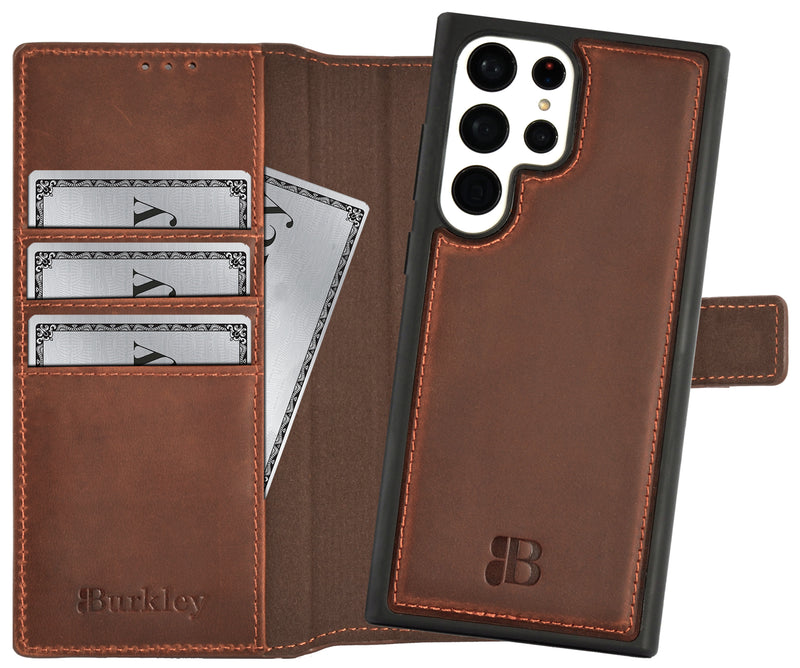 2-in-1 Lederhülle für Galaxy S24 Ultra – Book-Case mit Kartenfach | Braun