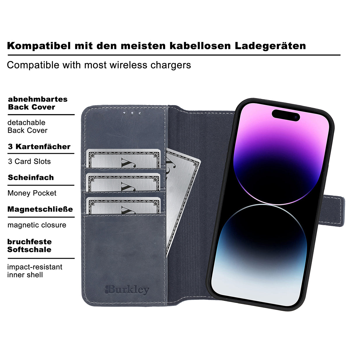 2-in-1 Lederhülle für iPhone 14 Pro Max Book-Style mit Magnet-Case | Grau
