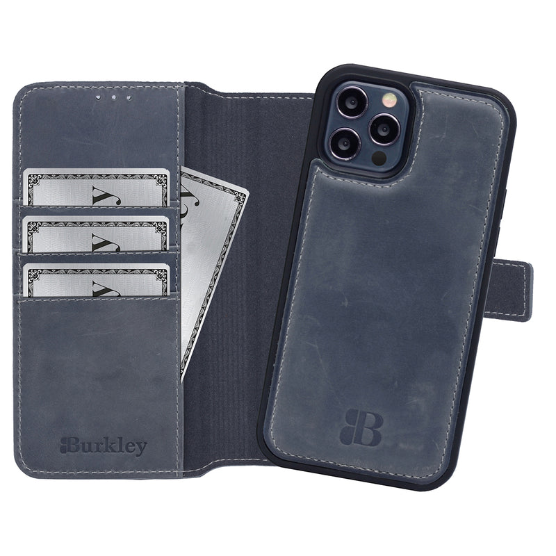 2-in-1 Lederhülle für iPhone 14 Pro Book-Style mit Magnet-Case | Grau