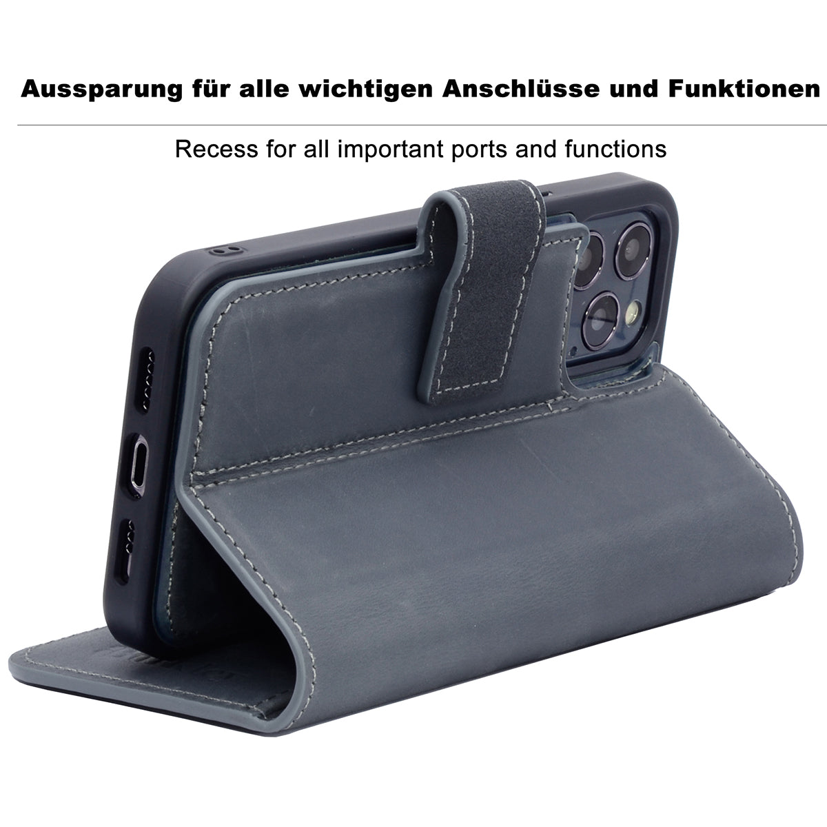 2-in-1 Lederhülle für iPhone 16 Pro Book-Style mit Magnet-Case | Grau