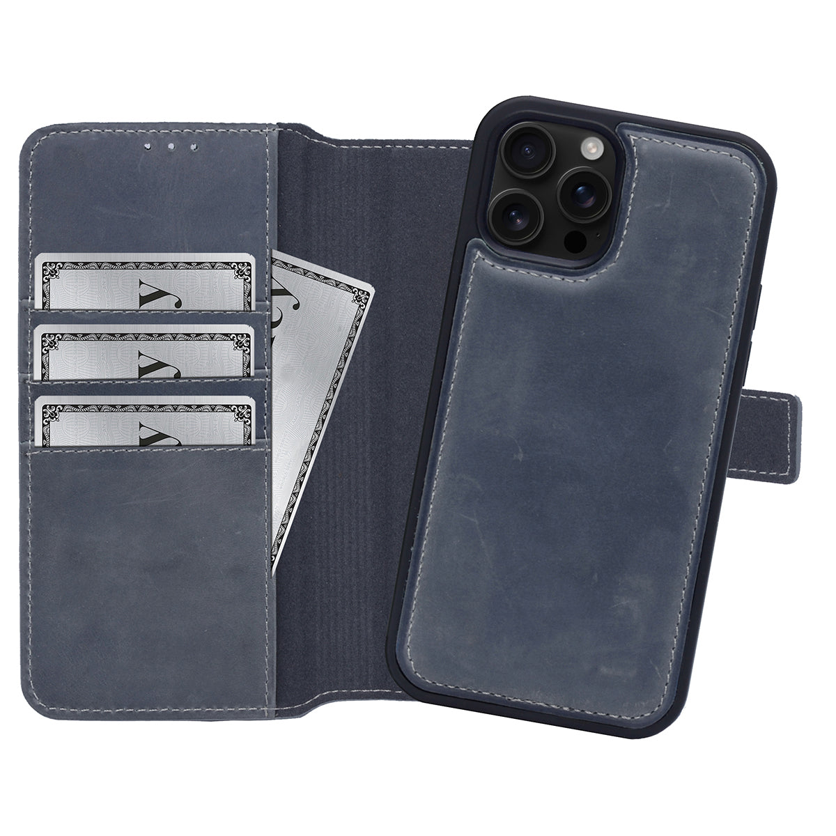 2-in-1 Lederhülle für iPhone 16 Pro Book-Style mit Magnet-Case | Grau