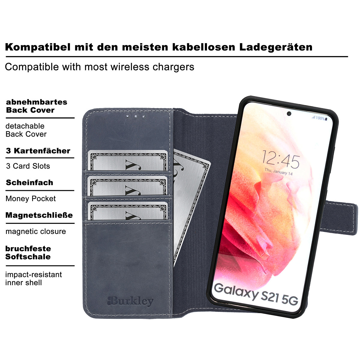 2-in-1 Lederhülle für Galaxy S21 – Book-Case mit Kartenfach | Grau