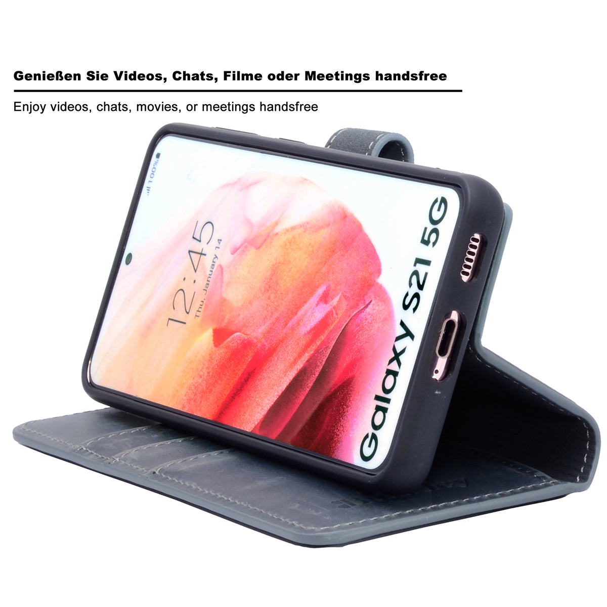 2-in-1 Lederhülle für Galaxy S21 – Book-Case mit Kartenfach | Grau