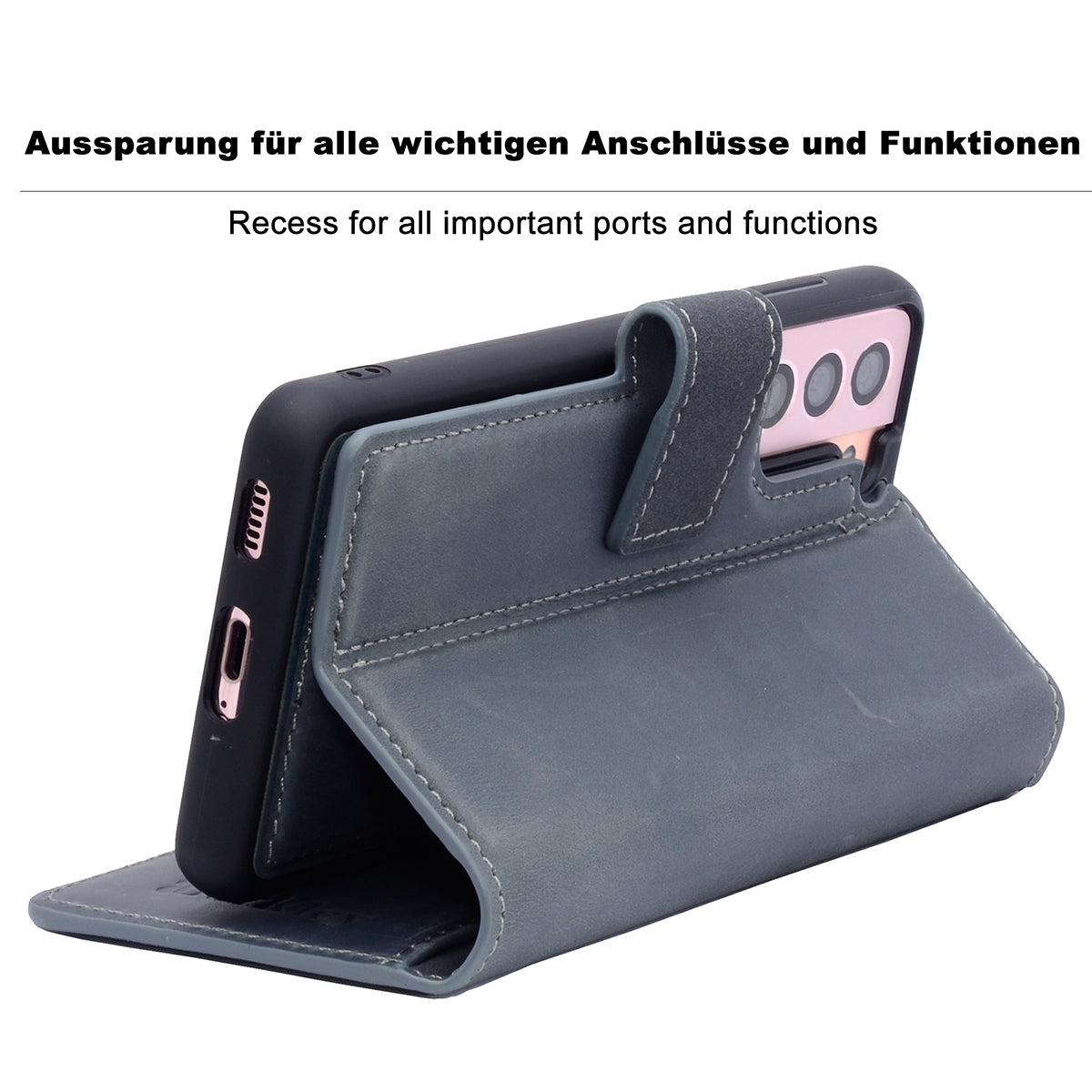 2-in-1 Lederhülle für Galaxy S21 – Book-Case mit Kartenfach | Grau