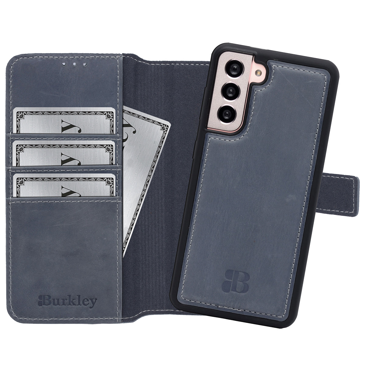 2-in-1 Lederhülle für Galaxy S21 – Book-Case mit Kartenfach | Grau