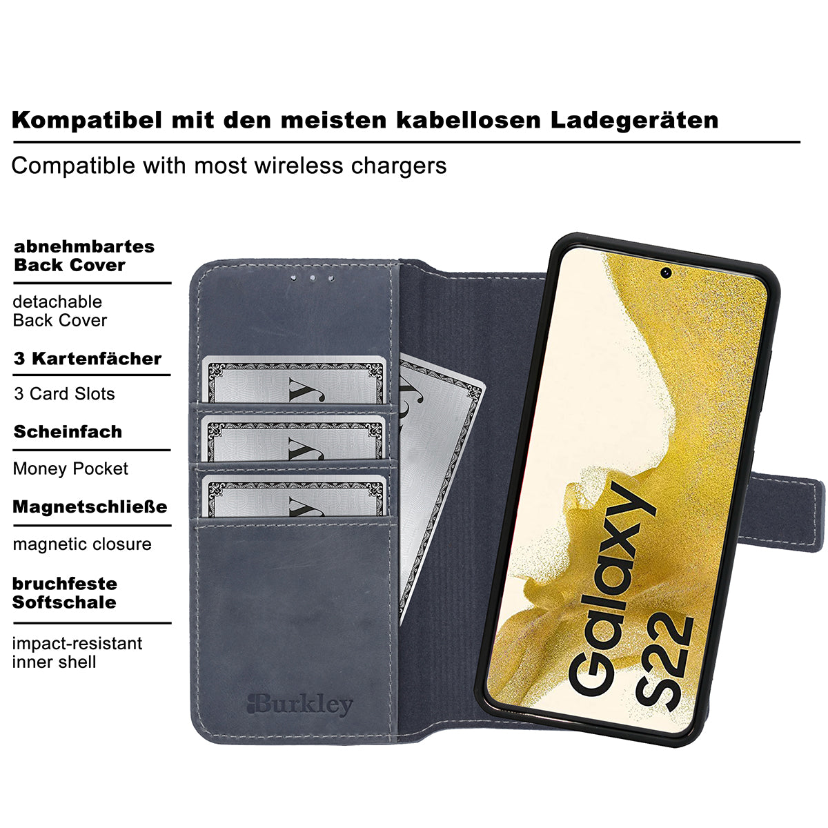 2-in-1 Lederhülle für Galaxy S22 – Book-Case mit Kartenfach | Grau
