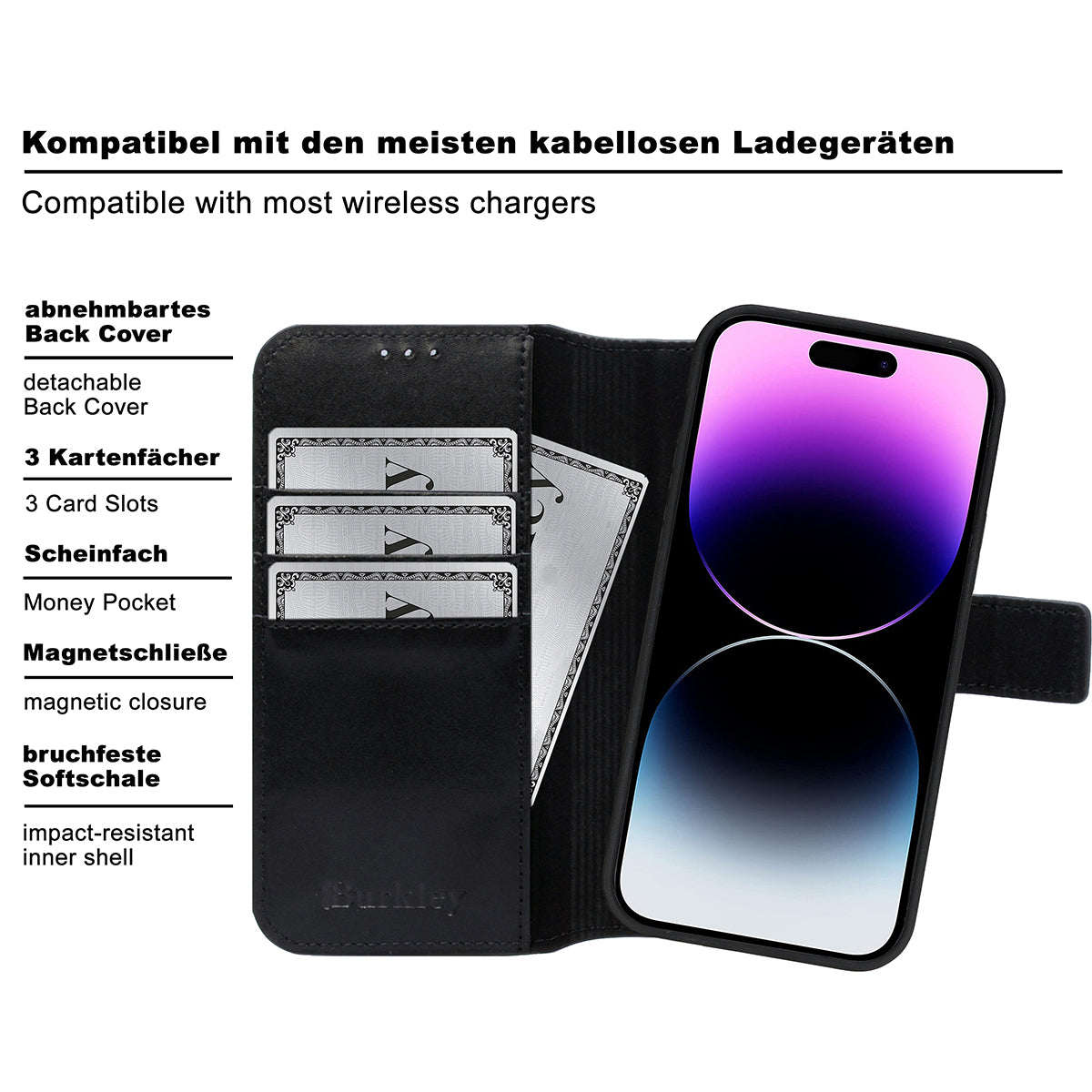2-in-1 Lederhülle für iPhone 12 Mini Book-Style mit Magnet-Case | Schwarz