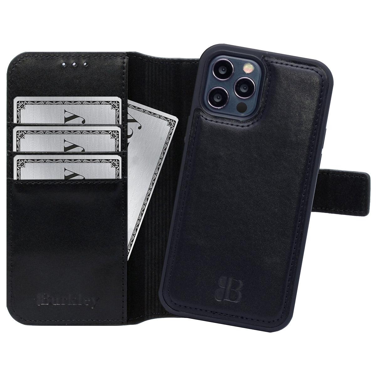 2-in-1 Lederhülle für iPhone 14 Pro Book-Style mit Magnet-Case | Schwarz