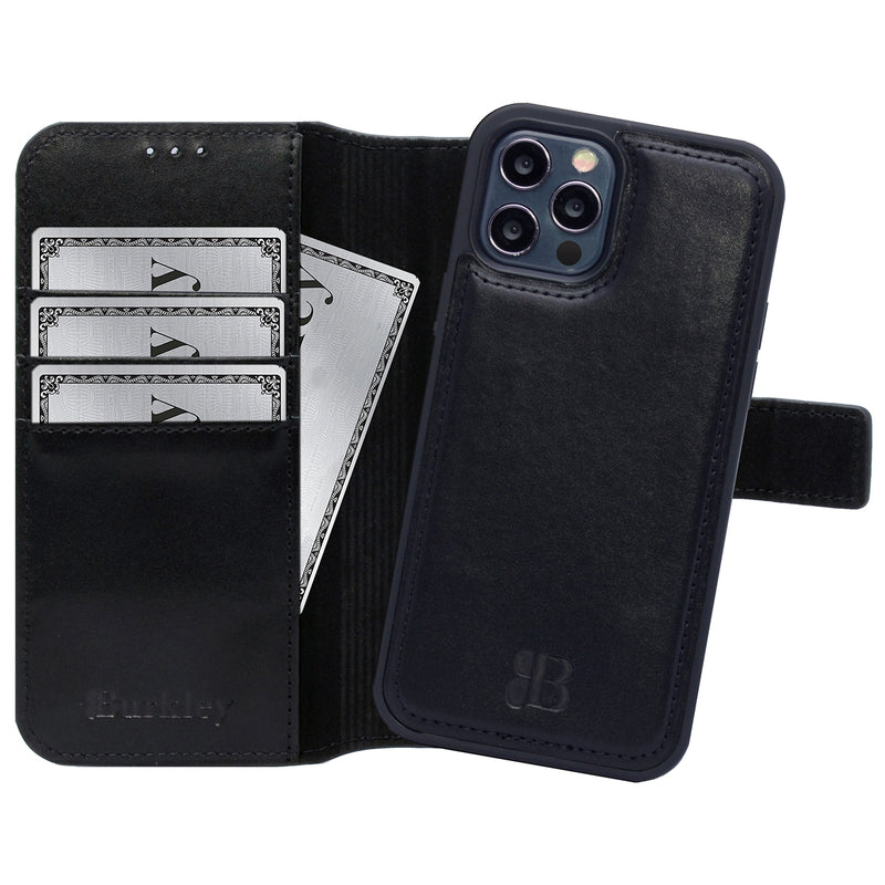 2-in-1 Lederhülle für iPhone 14 Pro Book-Style mit Magnet-Case | Schwarz
