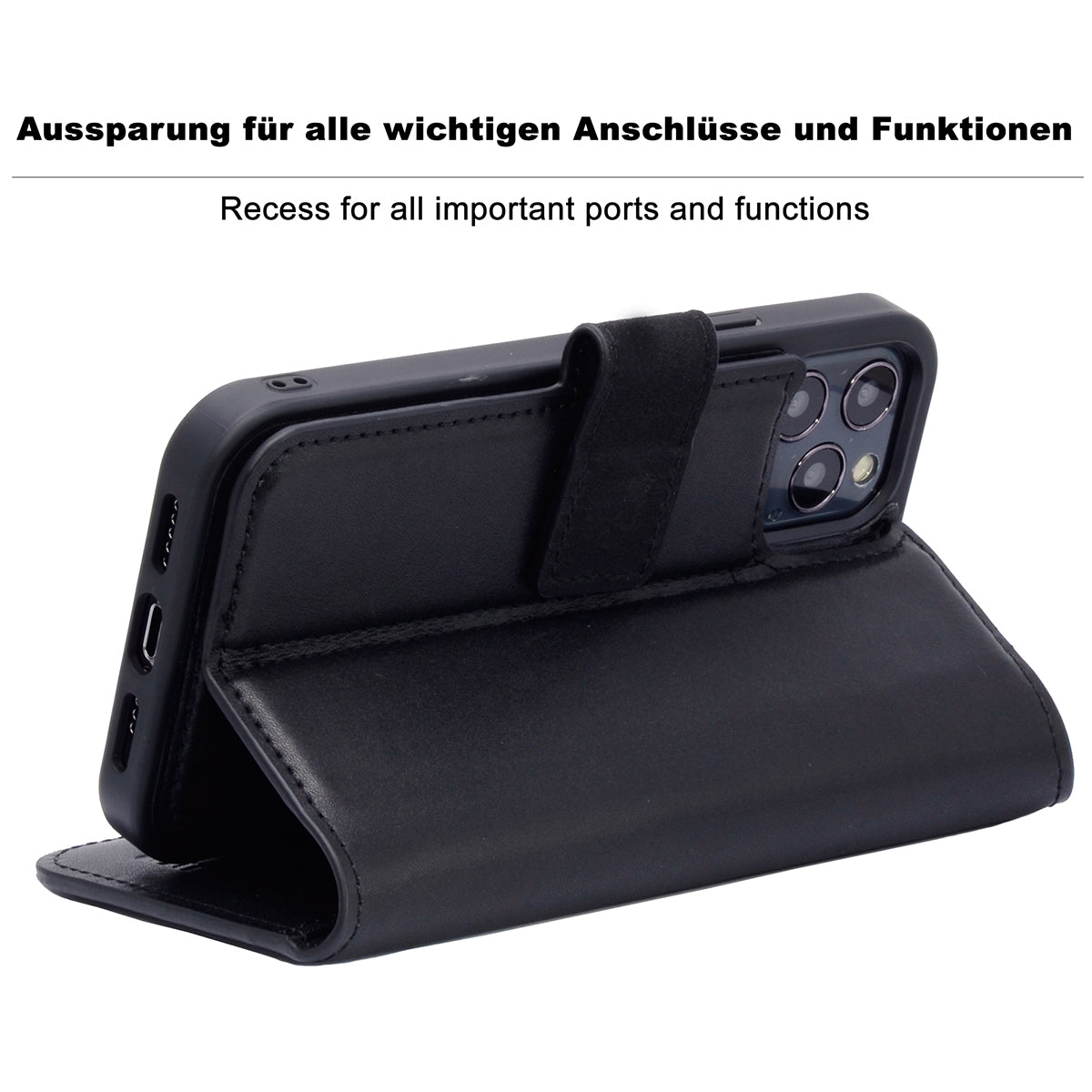 2-in-1 Lederhülle für iPhone 16 Pro - Book-Style mit Magnet-Case | Schwarz