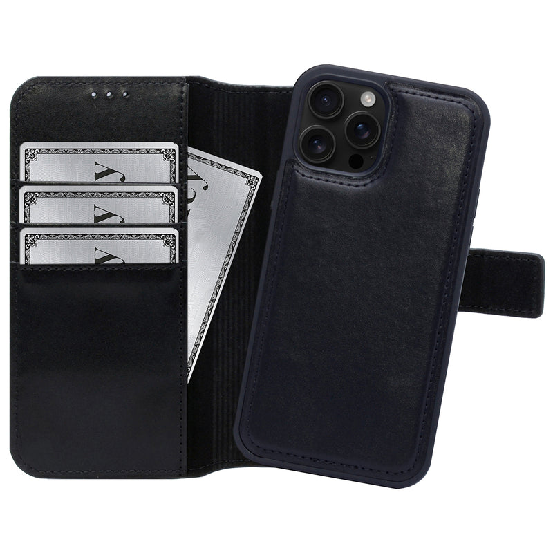 2-in-1 Lederhülle für iPhone 16 Pro - Book-Style mit Magnet-Case | Schwarz
