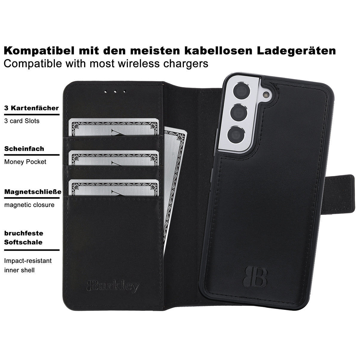 2-in-1 Lederhülle für Galaxy S22 – Book-Case mit Kartenfach | Schwarz