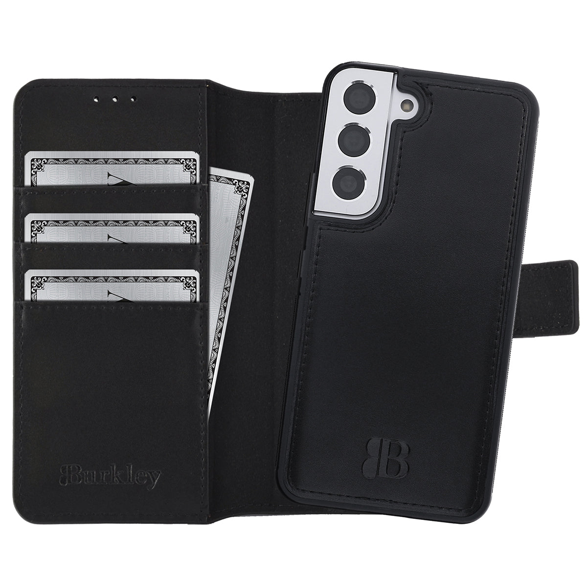 2-in-1 Lederhülle für Galaxy S22 – Book-Case mit Kartenfach | Schwarz