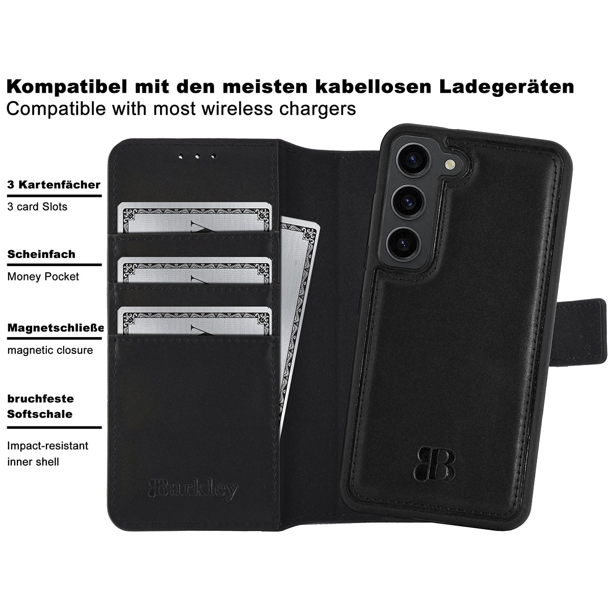 2-in-1 Lederhülle für Galaxy S23 – Book-Case mit Kartenfach | Schwarz
