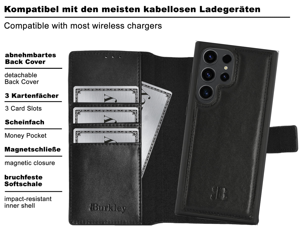 2-in-1 Lederhülle für Galaxy S24 Ultra – Book-Case mit Kartenfach | Schwarz