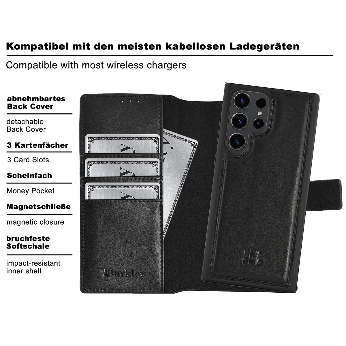 2-in-1 Lederhülle für Galaxy S23 Ultra – Book-Case mit Kartenfach | Schwarz