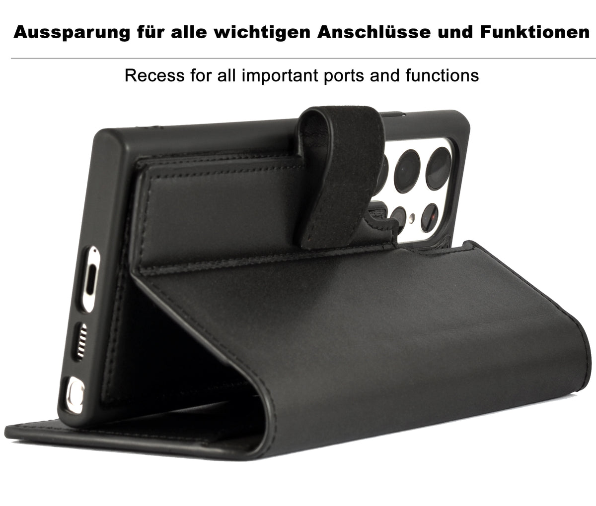2-in-1 Lederhülle für Galaxy S24 Ultra – Book-Case mit Kartenfach | Schwarz