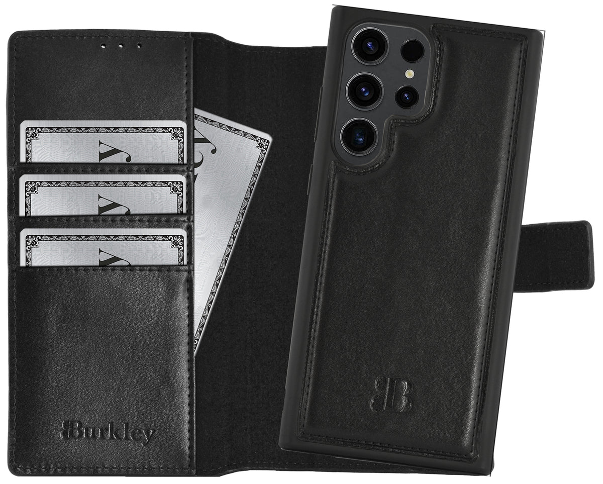 2-in-1 Lederhülle für Galaxy S24 Ultra – Book-Case mit Kartenfach | Schwarz