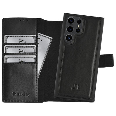 2-in-1 Lederhülle für Galaxy S23 Ultra – Book-Case mit Kartenfach | Schwarz