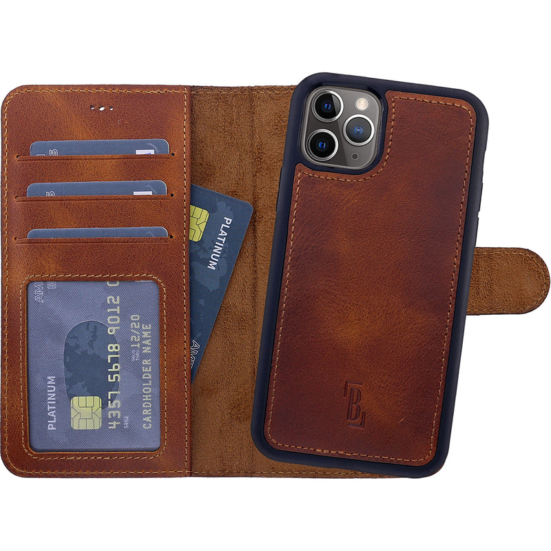2-in-1 Lederhülle für iPhone 13 Pro Max Book-Style mit Magnet-Case | Braun
