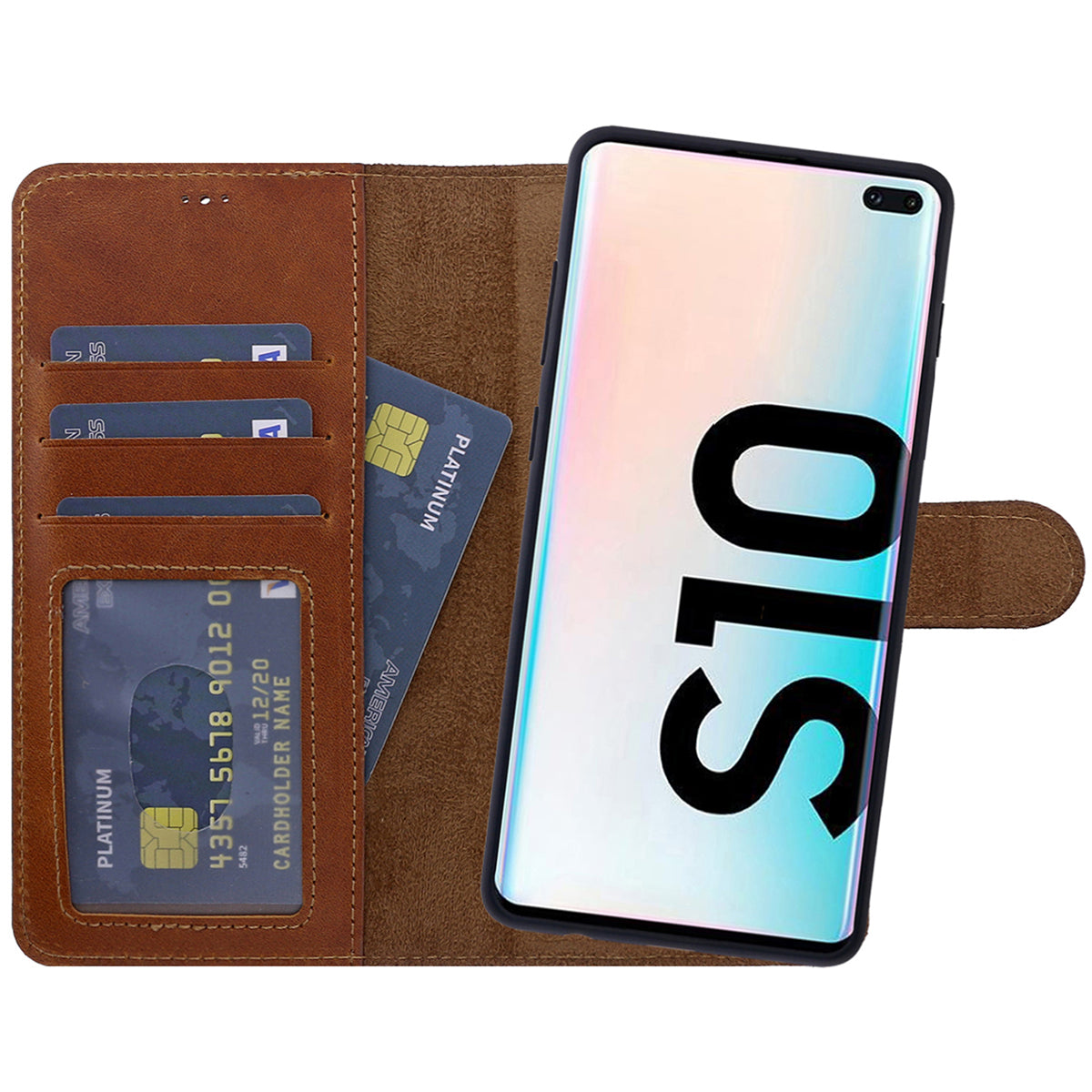 2-in-1 Lederhülle für Galaxy S10 – Book-Case mit Kartenfach | Braun