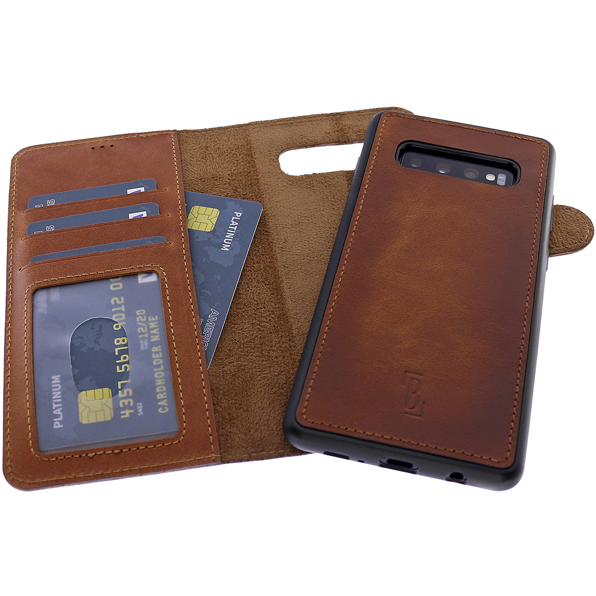 2-in-1 Lederhülle für Galaxy S10 – Book-Case mit Kartenfach | Braun