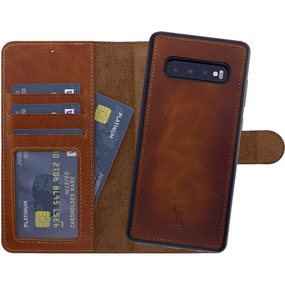 2-in-1 Lederhülle für Galaxy S10 – Book-Case mit Kartenfach | Braun