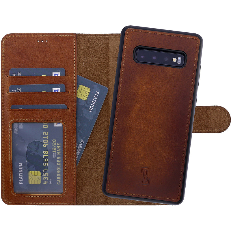 2-in-1 Lederhülle für Galaxy S10 – Book-Case mit Kartenfach | Braun