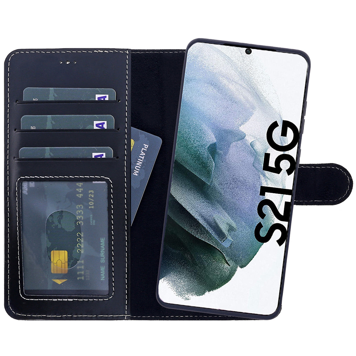 2-in-1 Lederhülle für Galaxy S21 – Book-Case mit Kartenfach | Schwarz