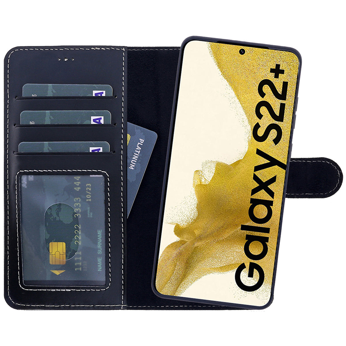 2-in-1 Lederhülle für Galaxy S22 Plus – Book-Case mit Kartenfach | Schwarz