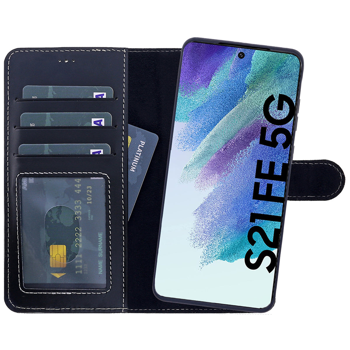 2-in-1 Lederhülle für Galaxy S21 FE – Book-Case mit Kartenfach | Schwarz