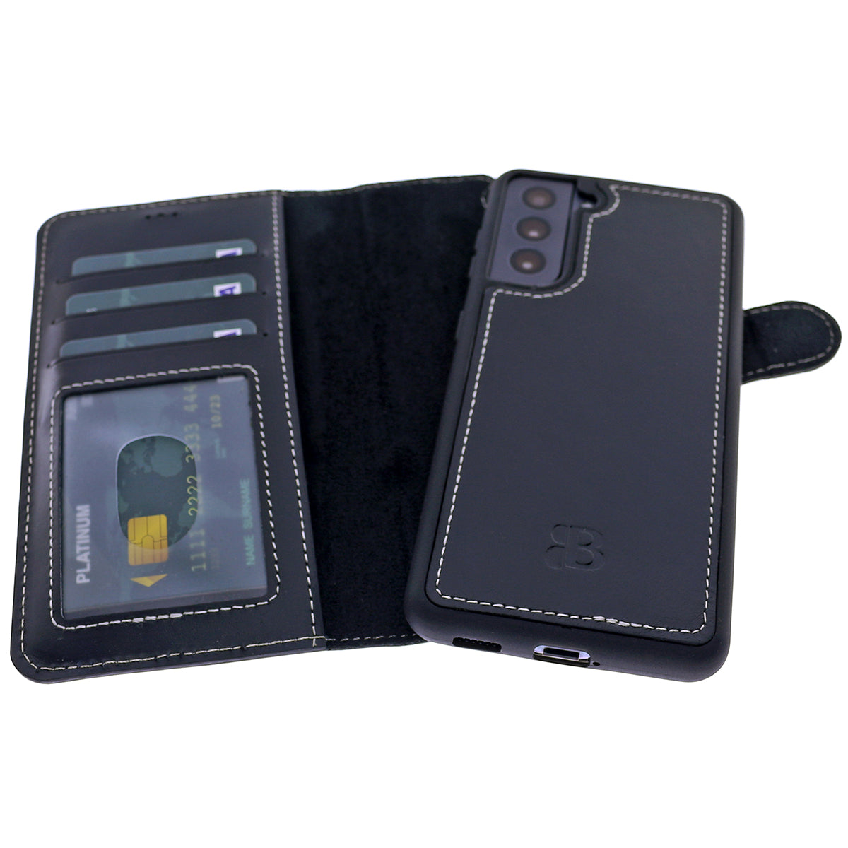 2-in-1 Lederhülle für Galaxy S21 FE – Book-Case mit Kartenfach | Schwarz