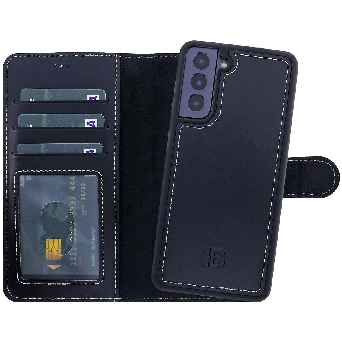 2-in-1 Lederhülle für Galaxy S21 FE – Book-Case mit Kartenfach | Schwarz