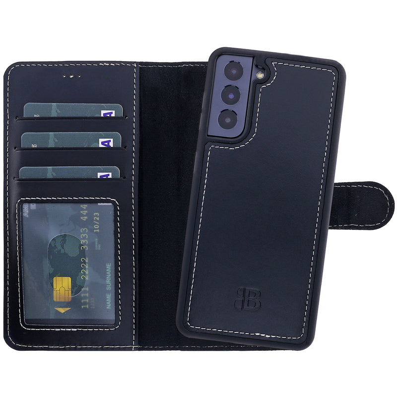 2-in-1 Lederhülle für Galaxy S21 – Book-Case mit Kartenfach | Schwarz